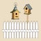 Fence and birds feeders vector illustration, hand drawn illustration