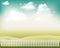 Fence. Cartoon landscape. Sun and sky with clouds. Vector illustration.