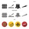 Fence, chisel, stump, hacksaw for wood. Lumber and timber set collection icons in black, flat, monochrome style vector