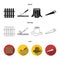 Fence, chisel, stump, hacksaw for wood. Lumber and timber set collection icons in black,flat,outline style vector symbol