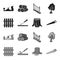 Fence, chisel, stump, hacksaw for wood. Lumber and timber set collection icons in black,monochrome style vector symbol