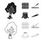 Fence, chisel, stump, hacksaw for wood. Lumber and timber set collection icons in black,outline style vector symbol