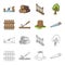 Fence, chisel, stump, hacksaw for wood. Lumber and timber set collection icons in cartoon,outline style vector symbol