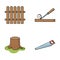 Fence, chisel, stump, hacksaw for wood. Lumber and timber set collection icons in cartoon style vector symbol stock
