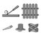 Fence, chisel, stump, hacksaw for wood. Lumber and timber set collection icons in monochrome style vector symbol stock