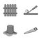 Fence, chisel, stump, hacksaw for wood. Lumber and timber set collection icons in monochrome style vector symbol stock