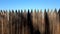 Fence made of sharp wooden stakes, blue clear sky, sunny day