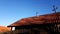 Fence made of sharp wooden stakes. Wooden houses with red tiled roof and blue clear sky. Sunny day