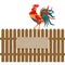 A fence made of wood. Notice boards and advertising. Rooster on the fence. Symbol Rooster 2017. illustration