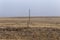 Fence pole and telephone pole centered in wide open yellow field in New Mexico on cloudy day