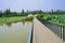 Fenced plank paved footway in lotus lake on sunny day