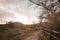 A fenced trail on the hike with trees to one side at sunset