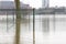 Fences nearly covered by high water, rhine river, bokeh background