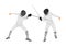 Fencing players illustration isolated on background. Fencing duel competition. Sword fighting. Swordplay duel.