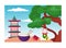 Feng shui cat waving paw, chinese building tower with rice bowl, asian urban landscape, cozy home area flat vector