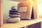 Feng Shui: Stone cairn in a book shelf in the living room, balance and relaxation