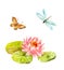 Feng shui watercolor symbols: lotus, butterfly and dragonfly