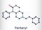 Fentanyl, fentanil,  C22H28N2O molecule. It is opioid analgesic. Structural chemical formula