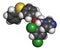 Fenticonazole antifungal drug molecule. 3D rendering. Atoms are represented as spheres with conventional color coding: hydrogen (
