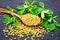 Fenugreek with leaf in spoon on black board