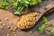 Fenugreek seeds on a spoon with fresh fenugreek plant