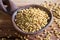 Fenugreek seeds on a wooden spoon