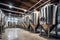 Fermentation mash vats or boiler tanks in a brewery factory. Brewery plant interior. Factory for the production of beer. Modern