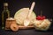 Fermented cabbage with herbs and spices in glass bowl on the black background