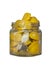 Fermented homemade products - salted squash in a glass jar on a white background.