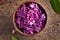 Fermented purple cabbage in a pot on a table, top view