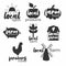 Fermers products icon set. local food simple stamps collection. Typographic eco farm insignia in monochrome style. Simbols with