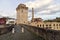 Fermignano, Italy : panoramic view of the Romanesque tower and bridge over the metauro river.