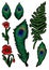 Fern, feather peacock and poppy flowers embroidered stickers. Embroidery vector.