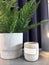 Fern leaf in a cement pot, cement candlestick and designer table lamp. Interior decoration in loft style. Long cotton curtain