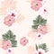 Fern tropical leaves and hibiscus flower seamless pattern . Bush plant leaves decoration on peach background.