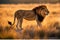 ferocious lion: 3D rendered illustration of a majestic lion standing amidst dry grass in a jungle wildlife setting