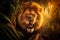 A ferocious lion roars at the camera at sunset. AI Generated