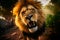 A ferocious lion roars at the camera at sunset. AI Generated