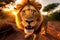 A ferocious lion roars at the camera at sunset. AI Generated