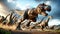 A ferocious T-Rex chases a herd of dinosaurs across a prehistoric landscape. Generative Ai