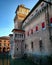 Ferrara, Estense Castle, morning view, particular, medieval structure. Turistic city, adventure and excursions.
