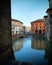 Ferrara, Estense Castle, morning view, particular, medieval structure. Turistic city, adventure and excursions. Point of view.