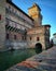 Ferrara, Estense Castle, morning view, particular, medieval structure. Turistic city, adventure and excursions. Tower and arch.