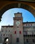 Ferrara, Estense Castle, morning view, particular, medieval structure. Walking around the world. View Castle from the arch.