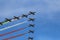 Ferrara, Italy - September 07 2019: Frecce Tricolori Tricolour ArrowsItalian acrobatic aircraft team during exhibition over