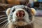 Ferret Close up Portrait, Fun Animal Looking into Camera, Ferret Nose, Wide Angle Lens