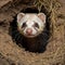 Ferret funny looking out of his hole.