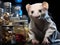 Ferret in lab coat examining microscope with Nikon