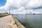 Ferries ship entering Dublin harbour at Poolbeg powerstation.