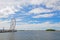 The Ferris of National Harbor and Woodrow Wilson Memorial Bridge across Potomac River, Maryland, USA.